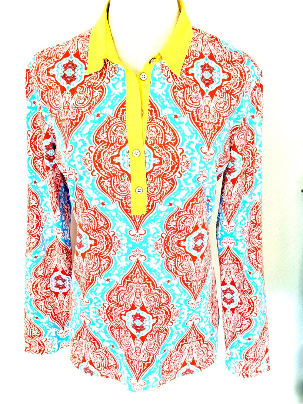 J. McLaughlin Turquoise Red Paisley Long Sleeve Polo Yellow Placket L Coastal